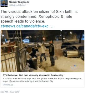 tweet on the attack on the sikh in quebec city